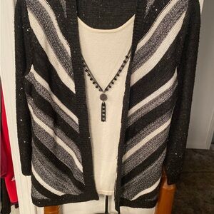 Alfred Dunner Black and Cream Striped Cardigan